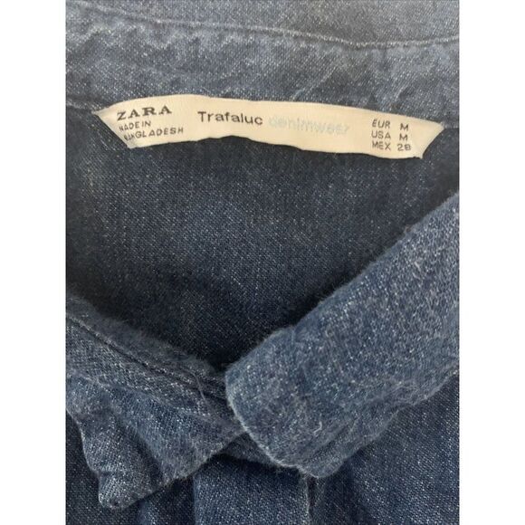 zara womens solid blue denim jean long sleeve button down top medium - Picture 3 of 4